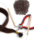 Hair Extensions Tools Kit With Plier Hook Needle Tool And 600 Silicone Micro Beads For Micro Bead Weaving Tinsel Beads Set For DIY Hair Extensions Easy Pulling And Hooking Pro Grade Bead Bonding Kit, brown beads, plier and hook tool