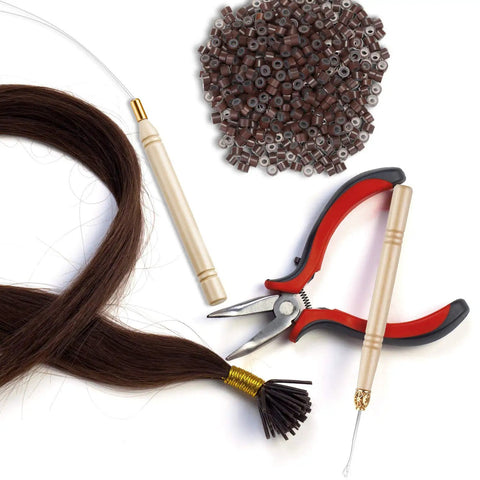 Hair Extensions Tools Kit With Plier Hook Needle Tool And 600 Silicone Micro Beads For Micro Bead Weaving Tinsel Beads Set For DIY Hair Extensions Easy Pulling And Hooking Pro Grade Bead Bonding Kit, brown beads, plier and hook tool