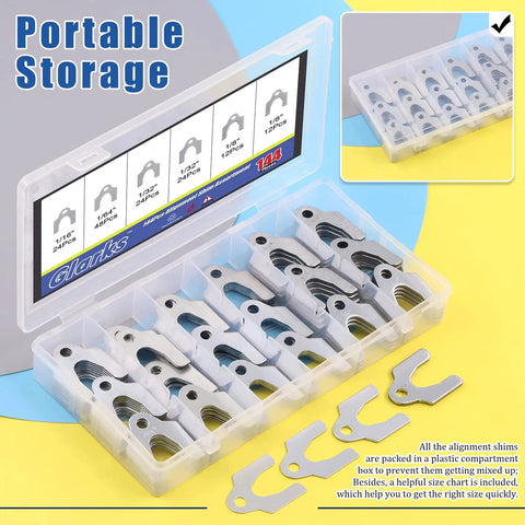 Universal Body Shim Kit 144 Pcs Set For Auto Alignment And Camber Adjustments Includes 1/16 Inch 1/64 Inch 1/32 Inch And 1/8 Inch Shims For Precise Body Part Alignment And Fit in plastic storage case.