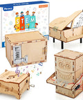 Four Model STEM Kit Set For Kids Ages 8 13 Hands On Science Toys with coin bank lock, music box, and robotic 3D puzzle.
