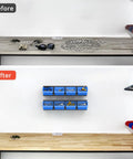 Before and after view of wall with Wall Mounted Tool Organizer Bins With 8 Plastic Bins And 2 Metal Tracks For Garage And Craft Room Storage Visual Labels For Nuts Bolts Screws Easy Access And Neat Workspace In A Busy Shop Blue installed, showing organized and clutter-free workspace.