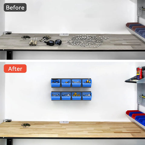 Before and after view of wall with Wall Mounted Tool Organizer Bins With 8 Plastic Bins And 2 Metal Tracks For Garage And Craft Room Storage Visual Labels For Nuts Bolts Screws Easy Access And Neat Workspace In A Busy Shop Blue installed, showing organized and clutter-free workspace.