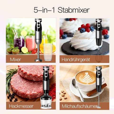Total Game Changer For Meal Prep With This Supercharged 12 Speed Handheld Blender Featuring Titanium Blades A Beastly 400W Motor And A Full 5 In 1 Immersion Kit With Frother Plus Chopper shown with drinks, cream, meat, and coffee.