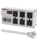 Heavy Duty 6 Outlet Power Strip Surge Protector With 3330 Joules 6 foot cord flat plug all metal housing on white background