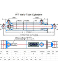 WT Weld Tube Cylinder cross-sectional diagram; 1.5 in bore, 4 in stroke, 1 in rod, SAE 4 port, 3000 psi