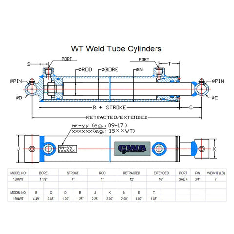 WT Weld Tube Cylinder cross-sectional diagram; 1.5 in bore, 4 in stroke, 1 in rod, SAE 4 port, 3000 psi