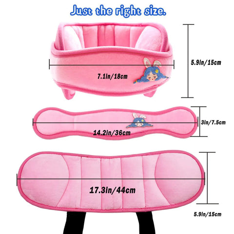 Dimensions of pink Kids Car Seat Head Support Band For Safe Travel with cute cartoon pattern.