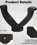 Close-up of ribbed black yoke head of shaped rifle rest with portable tripod mount, showing rubber ribbing for stability.