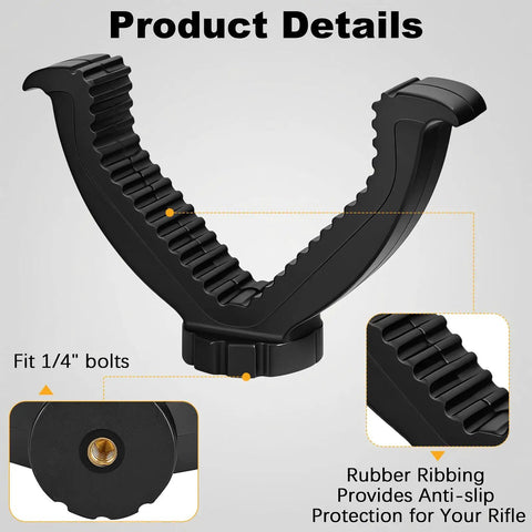 Close-up of ribbed black yoke head of shaped rifle rest with portable tripod mount, showing rubber ribbing for stability.