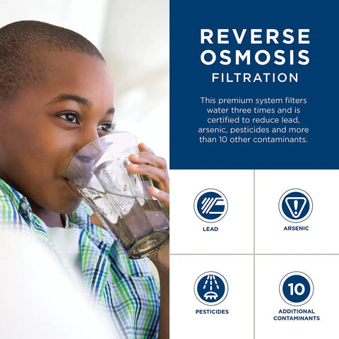 Child drinking water promoting Under Sink Reverse Osmosis Water Filter System With Chrome Faucet And Easy Install Kit Pro Grade Filtration