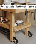 Heavy Duty Retractable Workbench Casters Kit on a wooden workbench showcasing smooth rolling dual lock wheels.