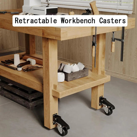 Heavy Duty Retractable Workbench Casters Kit on a wooden workbench showcasing smooth rolling dual lock wheels.