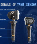 Four Piece 433 Mhz Tire Pressure Monitoring System Sensors Snap In Replacement Straight Swap Fitment For 13598773 13589601 13540602 Heavy Duty Tpms with detailed labeling of components.