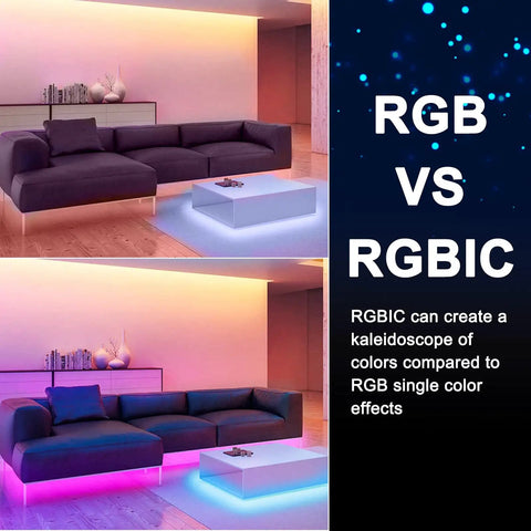 Vivid RGB IC LED Strip Lights illuminate a modern living room, showing color variations compared to standard RGB lights.