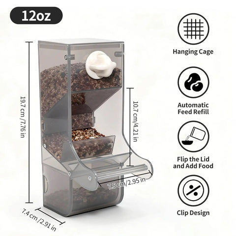 Tough As Nails No Mess Bird Cage Feeder Crack Resistant Seed Catcher in translucent gray, 12oz size, automated feed refill design.