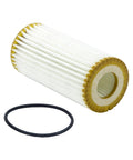 Heavy Duty Oil Filter Replacement For Synthetic And High Mileage Oil Compatible With Audi Porsche VW showing pleated filter and gasket