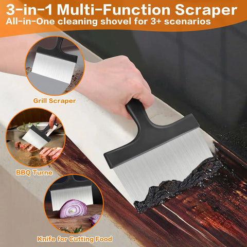 Heavy Duty Stainless Steel Grill Scraper 3 In 1 Griddle Scraper With Comfort Grip Handle scrapes griddle top clean
