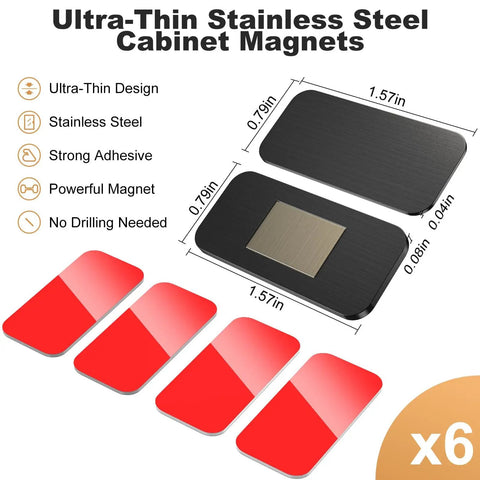 Image of Six Pack No Drill Invisible Magnetic Cabinet Catches Stainless Steel With Heavy Duty Adhesive, black finish, size details.