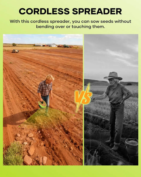Comparison of cordless Handheld Lawn Spreader For Seed And Fertilizer with traditional method, showing ease of use on a field.