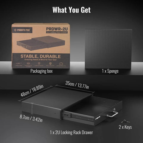 Packaging of the 2U Locking Rack Drawer With Beefy Metal Build, Pre-Cut Foam, Smooth Sliding And Secure Latch