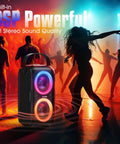 Epic 180W Peak Party Bluetooth Speaker With Four Drivers, Dual 4.04 Inch Subwoofers, Deep Bass And 105dB HD Sound, IPX5 Outdoor Portable shown at a rave.