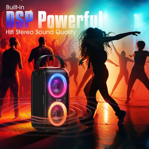 Epic 180W Peak Party Bluetooth Speaker With Four Drivers, Dual 4.04 Inch Subwoofers, Deep Bass And 105dB HD Sound, IPX5 Outdoor Portable shown at a rave.