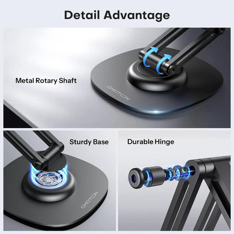 Close-up of 360 Degree Rotating Magnetic Phone Stand For Desk With Adjustable Foldable Aluminum MagSafe Holder And Non Slip Base components.