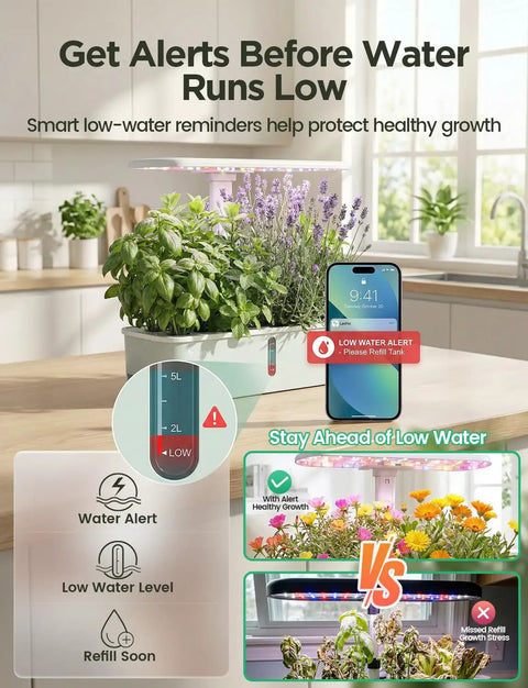 Smart Indoor Hydroponic Garden System With App And WiFi Control For Home Use, 24W Full Spectrum Grow Light, 10 Pod Planter showing low water alert with smartphone integration