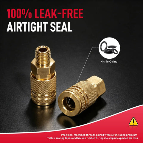 All In One 24 Piece One Quarter Inch NPT Quick Connect Air Hose Fittings Kit With Male And Female Couplers Plugs Hex Couplings Nipples And Thread Seal Tape For Home Garage And Professional Pneumatic Systems Up To 300 PSI brass quick-connect fitting with nitrile O-ring