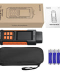 Professional Pin Moisture Meter Tailored With Dual Settings For Wood Lumber And Drywall Panels, includes batteries and carrying case.