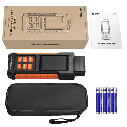 Professional Pin Moisture Meter Tailored With Dual Settings For Wood Lumber And Drywall Panels, includes batteries and carrying case.