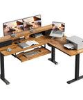 Rustic Brown 59 Inch L Shaped Electric Standing Desk With Drawers, Smooth Height Adjustment To 46 Inches, Quiet Lift System And Programmable Memory Buttons For Home Office Ergonomic Workspace Setup with dual monitors and printer.