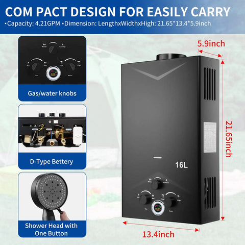 Front view of Portable Tankless Water Heater 4.21 GPM Outdoor Propane Gas On Demand with dimensions and features displayed.