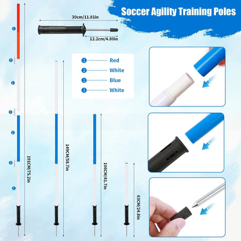 Diagram of Six Piece Adjustable Pole Bending Set For Horses And Dogs With Carry Bag 6Ft Training Poles, connectors, and ground spikes.