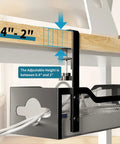 Under Desk Cable Management Tray No Drill Clamp Mount Metal Mesh 2 Hole Cable Tray showing adjustable clamp fitting 0.4" to 2" desk edge.