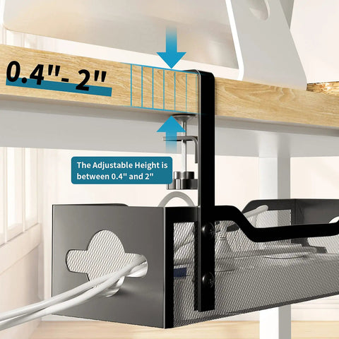 Under Desk Cable Management Tray No Drill Clamp Mount Metal Mesh 2 Hole Cable Tray showing adjustable clamp fitting 0.4" to 2" desk edge.