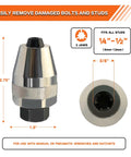 Tough As Nails Heavy-Duty Bolt And Stud Extractor Tool, 3/8 inch drive, shown with dimensions and stud compatibility.