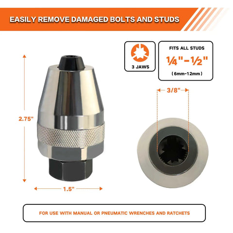 Tough As Nails Heavy-Duty Bolt And Stud Extractor Tool, 3/8 inch drive, shown with dimensions and stud compatibility.