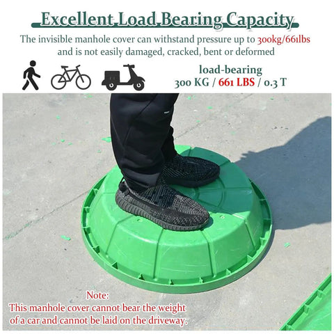 Person standing on green Invisible Composite Manhole Cover 16 to 39 Inch Round Septic Tank Lid showcasing load capacity of 661 lbs.