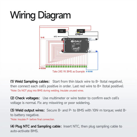 Wiring diagram for No Sweat Smart Bluetooth Battery Bms 30Amp showing connections for 4S to 8S cells at 12V to 24V packs.