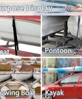 Heavy Duty Boat Trailer Transom Strap 2 Inch By 48 Inch Tie Down Straps With Quick Release Buckle Marine Grade 1200 Lb Capacity Keeps Stern Secure On Trailer Vinyl Coated Hooks Ships From USA, shown securing boats and kayaks.