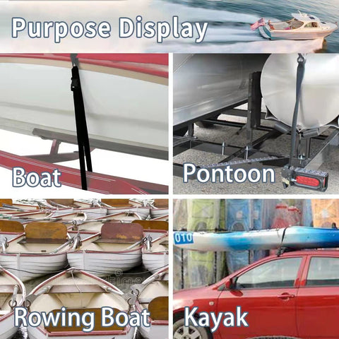 Heavy Duty Boat Trailer Transom Strap 2 Inch By 48 Inch Tie Down Straps With Quick Release Buckle Marine Grade 1200 Lb Capacity Keeps Stern Secure On Trailer Vinyl Coated Hooks Ships From USA, shown securing boats and kayaks.