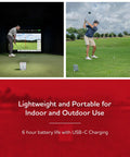 Mevo Gen2 Portable Golf Launch Monitor and Simulator used indoors and outdoors, showing swing data and GPS overview