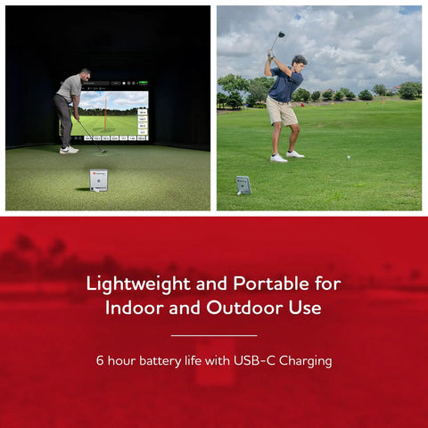 Mevo Gen2 Portable Golf Launch Monitor and Simulator used indoors and outdoors, showing swing data and GPS overview