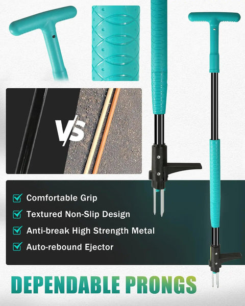 Heavy Duty Stand Up Weed Puller Tool With 3 Claw Detachable Head And Long Handle showing grip and prongs