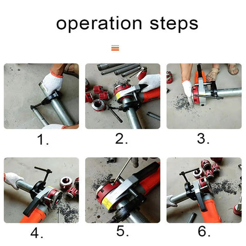 Step-by-step operation of the No Sweat 2300W Portable Electric Pipe Threading Machine for threaded pipe work.