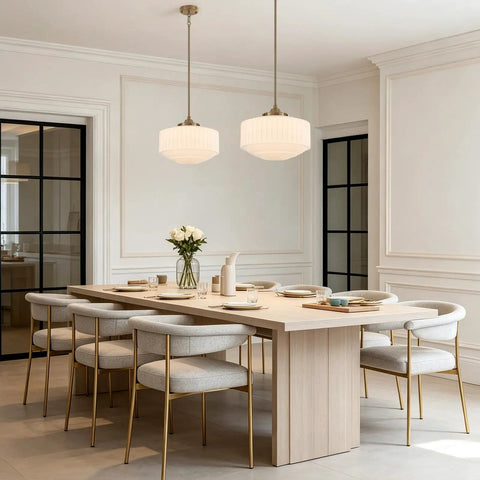 Vintage Brass Milk Glass Pendant Light 13.8in White Pleated Chandelier, E26 illuminating a modern dining space with elegant decor.
