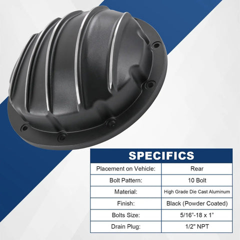 Rear Differential Cover For 10-Bolt Diffs With 8.5 Inch And 8.6 Inch Ring Gear, Fits Chevy GM Silverado 1500 Buick 1964 And Up, Black