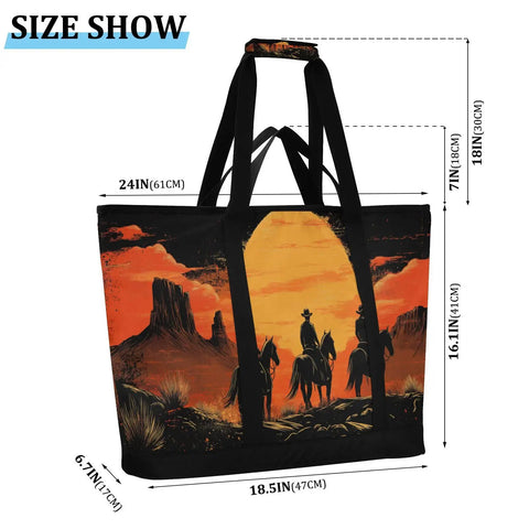 Reusable Western Desert Cowboy Style Insulated Cooler Bag With Large Capacity Compartment and Leak Proof Design, size guide shown.