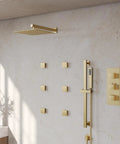 GRANDJOY 12" Shower System with Handheld Spray, Brushed Gold wall-mounted shower features rainfall head and body jets.